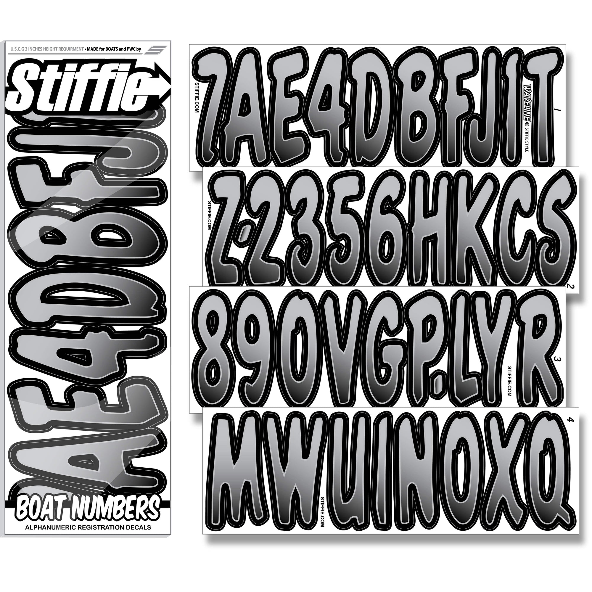 STIFFIE Waveline Metallic Silver/Black 3” Boat PWC Registration Decals • Numbers Letters Stickers