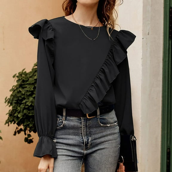 Qepwsc Blouse Women Ruffled Shirt Long Sleeve Vintage Blouse Tops