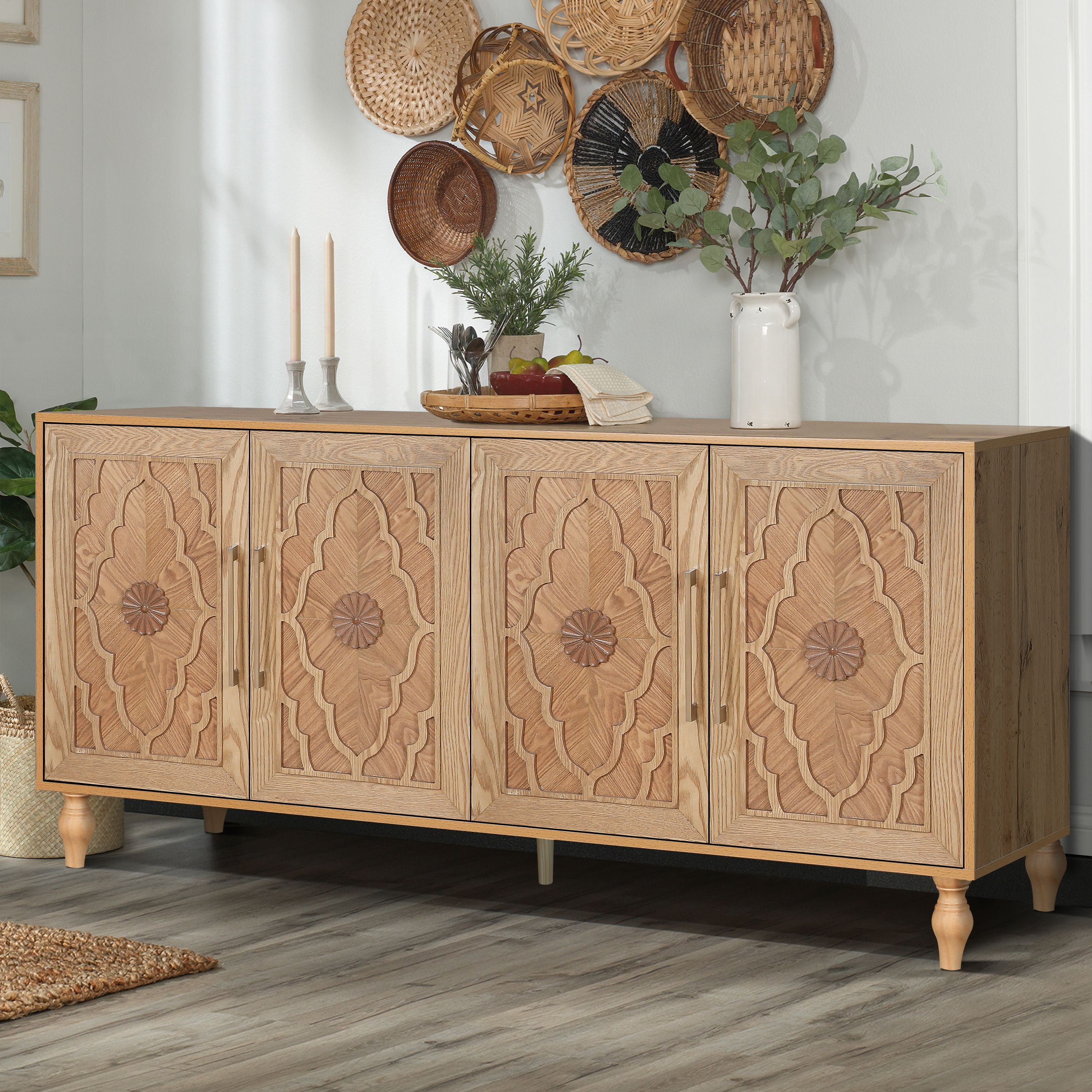 Carved Flower Door Large Storage Cabinet With Metal Handle Suitable For Living Room, Kitchen, Entryway