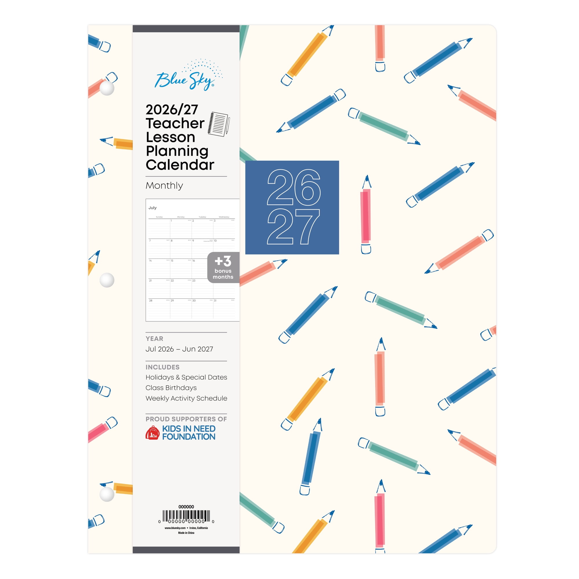 Blue Sky 2026-2027 Monthly Academic Year Teacher Lesson Planner Calendar, July 2026 - June 2027, 8.5" x 11", Flexible Cover, Stapled Binding, Rainbow Pencils