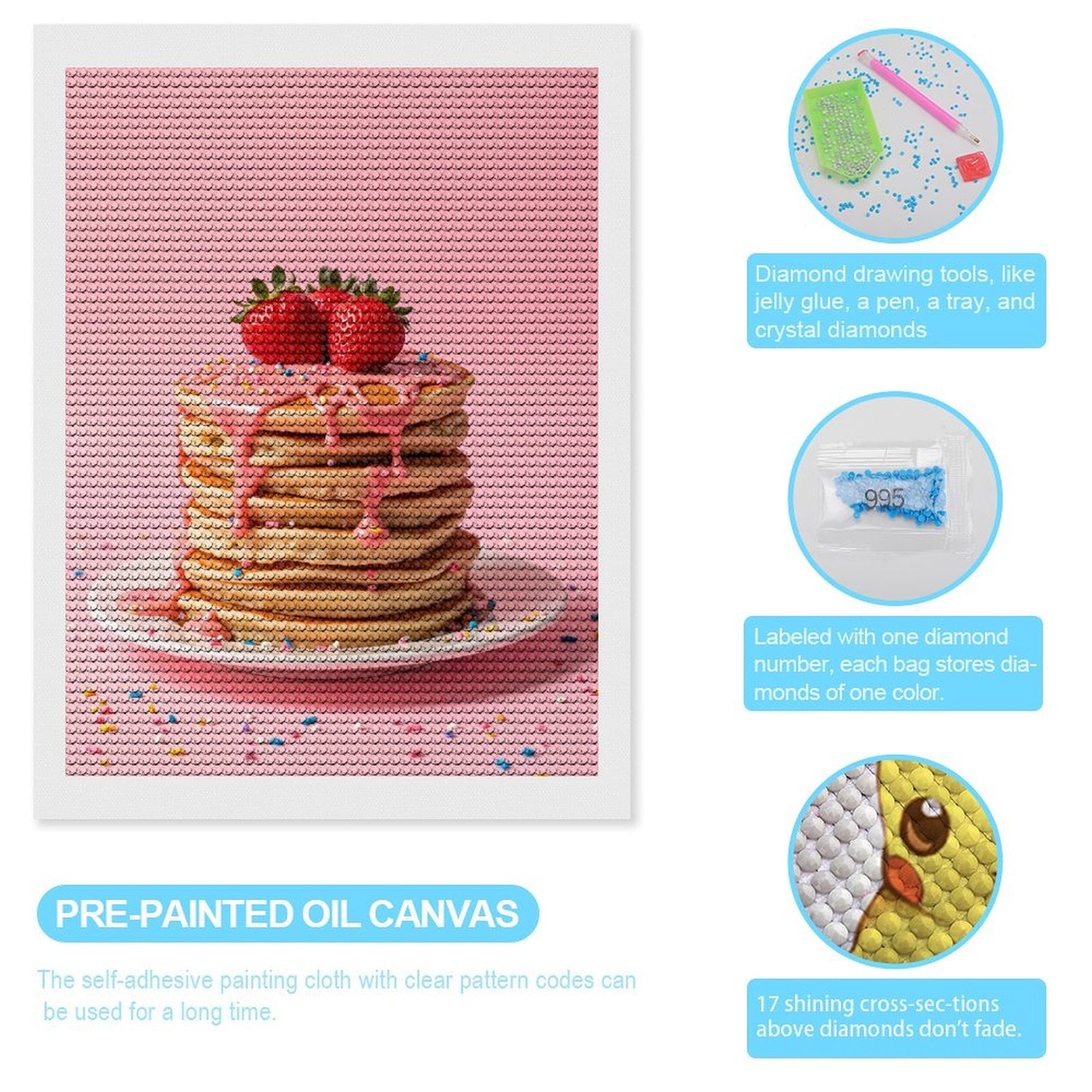 Diamond Art Kits for Adults, Strawberry Pancakes Pink Drizzle 5D Diamond Painting Kits for Adults Beginners, DIY Full Drill Diamond Painting, Gem Art and Crafts 12x16