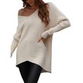 thumbnail image 3 of Sunloudy Suéter de otoño para mujer, suéter de punto de manga larga con cuello en V de color sólido con dobladillo irregular para damas, S / M / L / XL Sunloudy  moda, 3 of 8