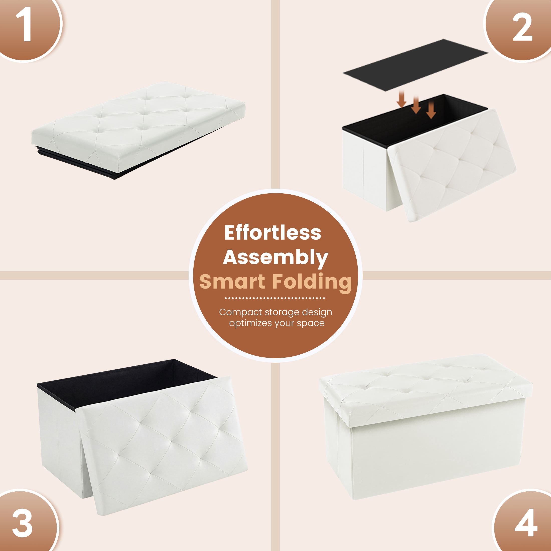 EDX 30" PVC Ottoman Bench, Folable Storage Bench for Bedroom, 29Gal Capacity, Ottoman Foot Rest Bench for Living Room, Entryway, Beige