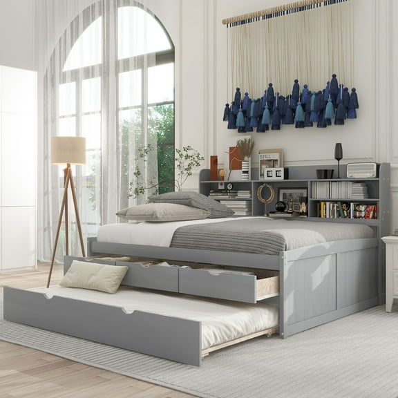 Euroco Full Size Captain Bed with Trundle, 3 Drawers, and Shelf Platform for Bedroom, Gray