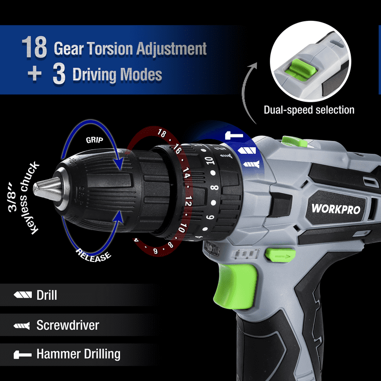 WORKPRO 12V Cordless Drill, Power Tool Set for Home, 177 Pieces Combo Kit with 14-inch Storage Bag and 2000mAh Lithium-Ion Battery & Charger