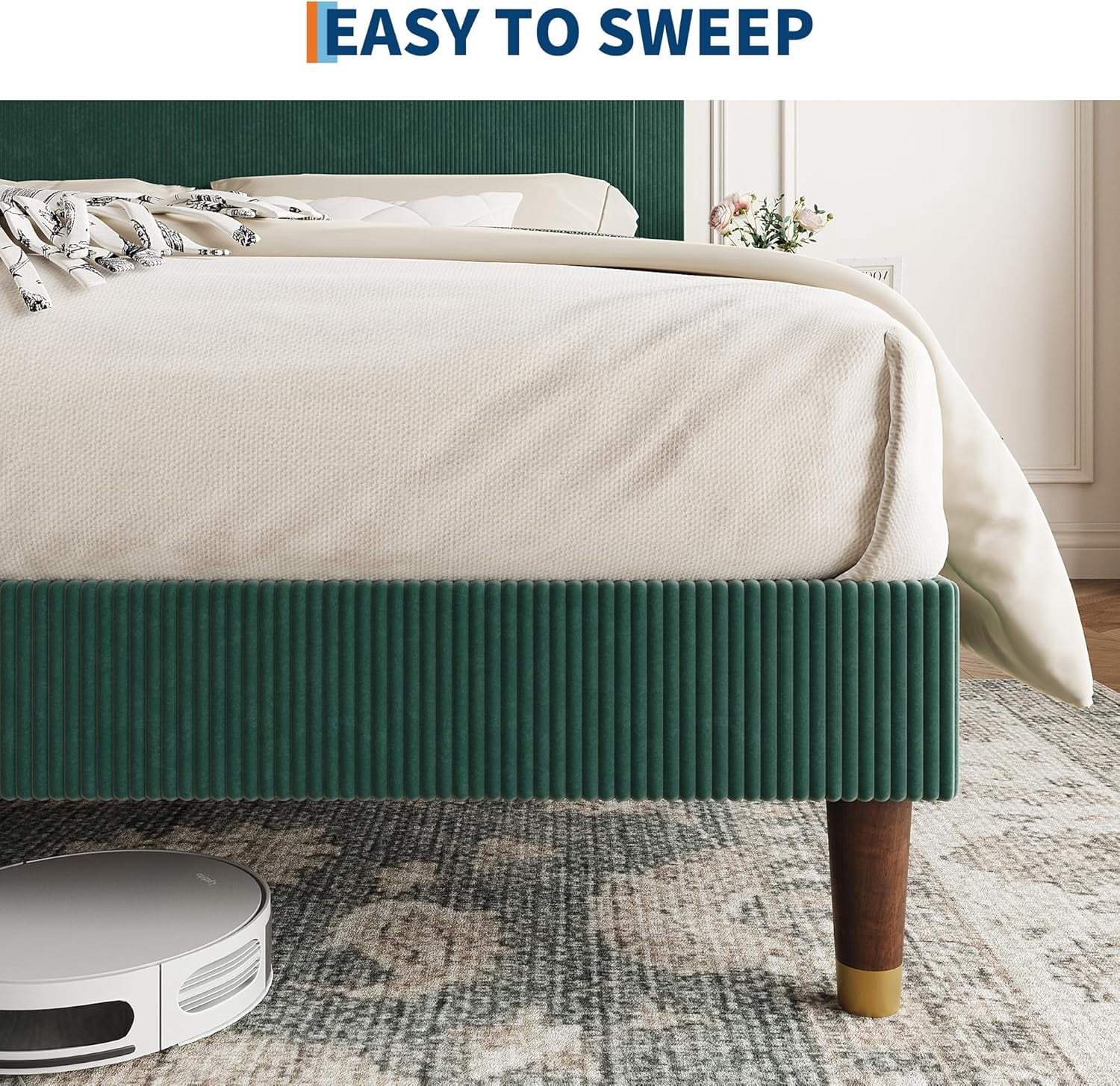 Acekid King Size Platform Bed Frame,Modern Bed Frame with Upholstered Headboard and Strong Metal Slats Support,No Boxing Spring Needed,Easy Assembly,Dark Green