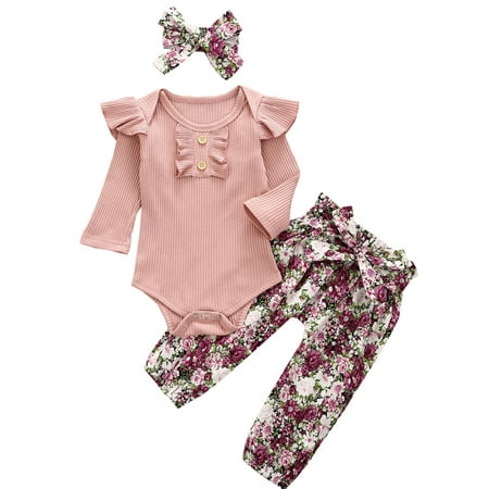 

Gwiyeopda Newborn Baby Long Sleeve Cotton Bodysuit Tops Floral Striped Long Pant Headband 3PCS Set