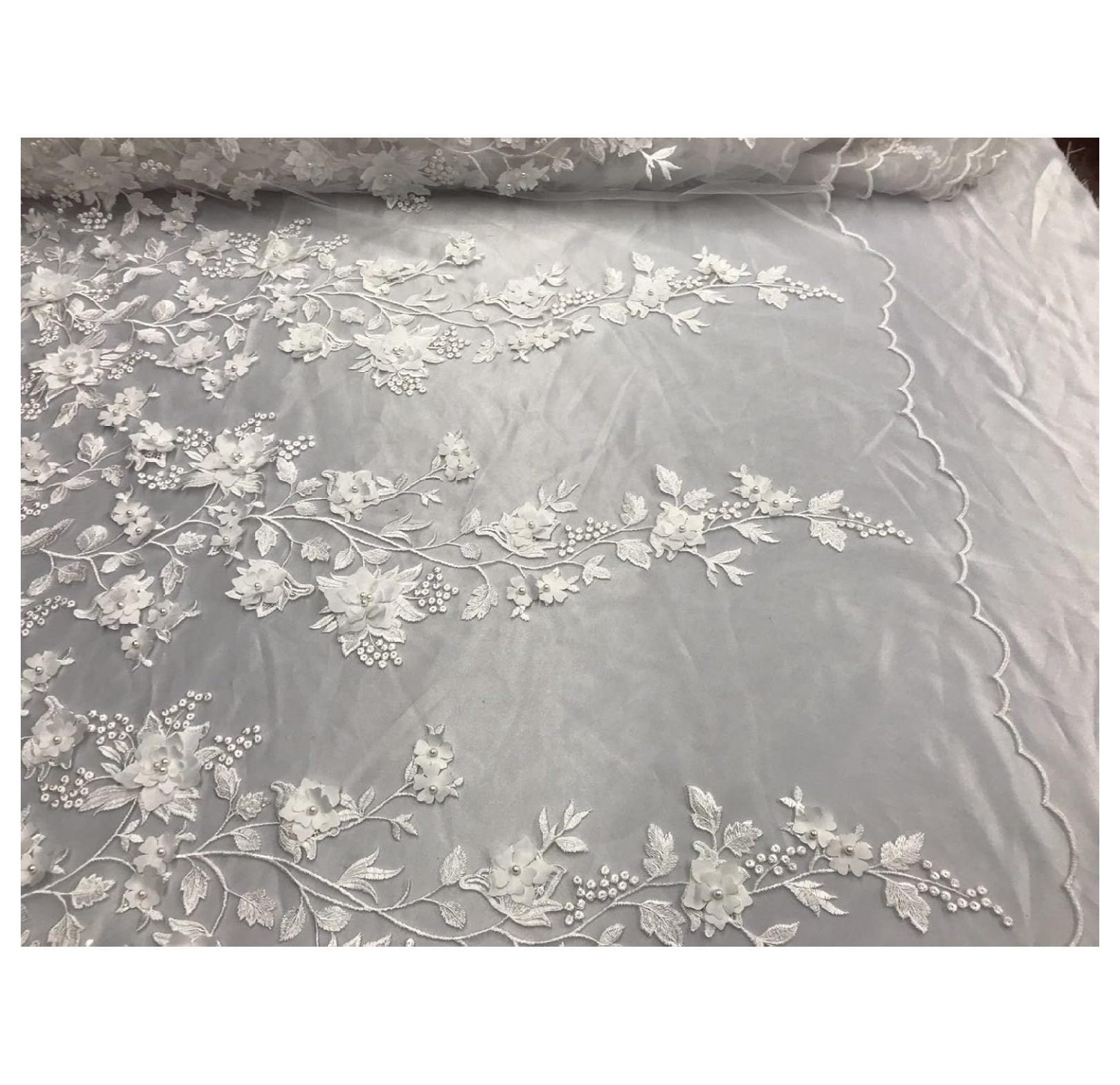 White 3D Floral Embroider with Pearls ON A MESH LACE-Sold by Yard.