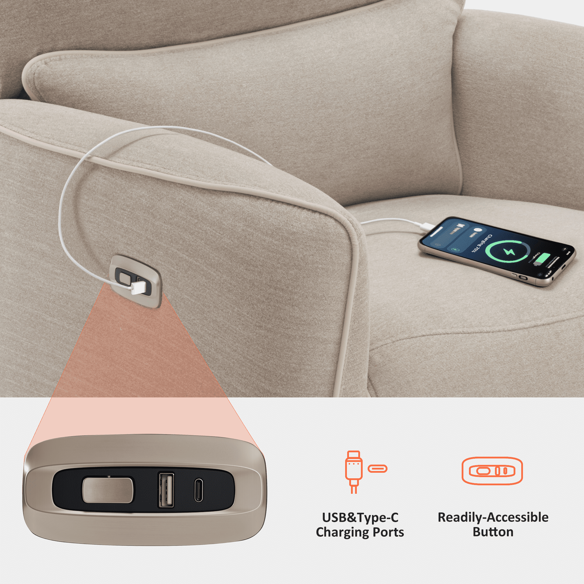 MCombo Power Swivel Glider Recliner Chair, Electric Rocker Recliner Chairs with USB Charging Ports for Living Room and Nursery, Fabric 6922 (Beige)