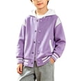 thumbnail image 2 of UDAUDU Kids Girls Boys Varsity Hoodie Jackets Baseball Jacket Button Down Lightweight Bomber Fall Winter Coat School Outwear with Pocket Purple 14-15 Years, 2 of 6