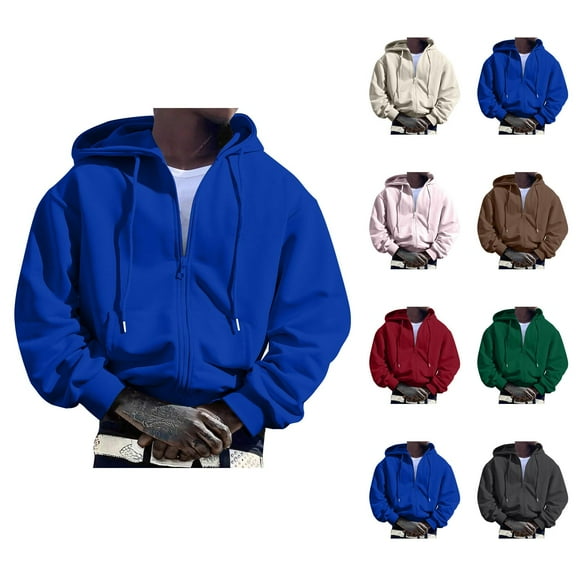 Mens Hoodies Pullover 2025 Fall Winter Long Sleeve Classic Plain Zip Up Hoodie with Pockets Hooded Sweatshirt