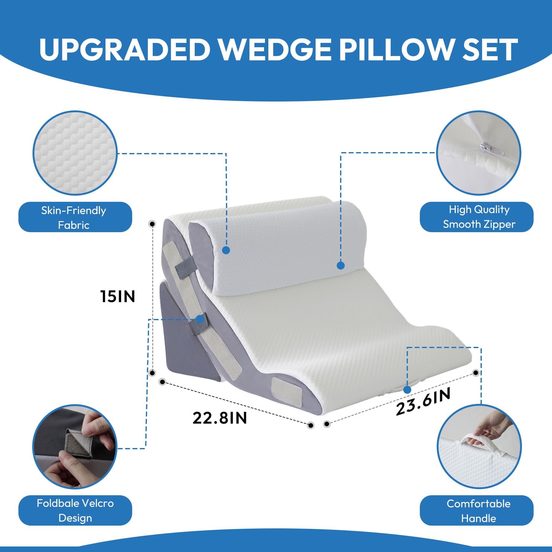 3pcs Wedge Pillow Set For After  Bed Sitting Up 10-in-1 Foam Acid Reflux & White