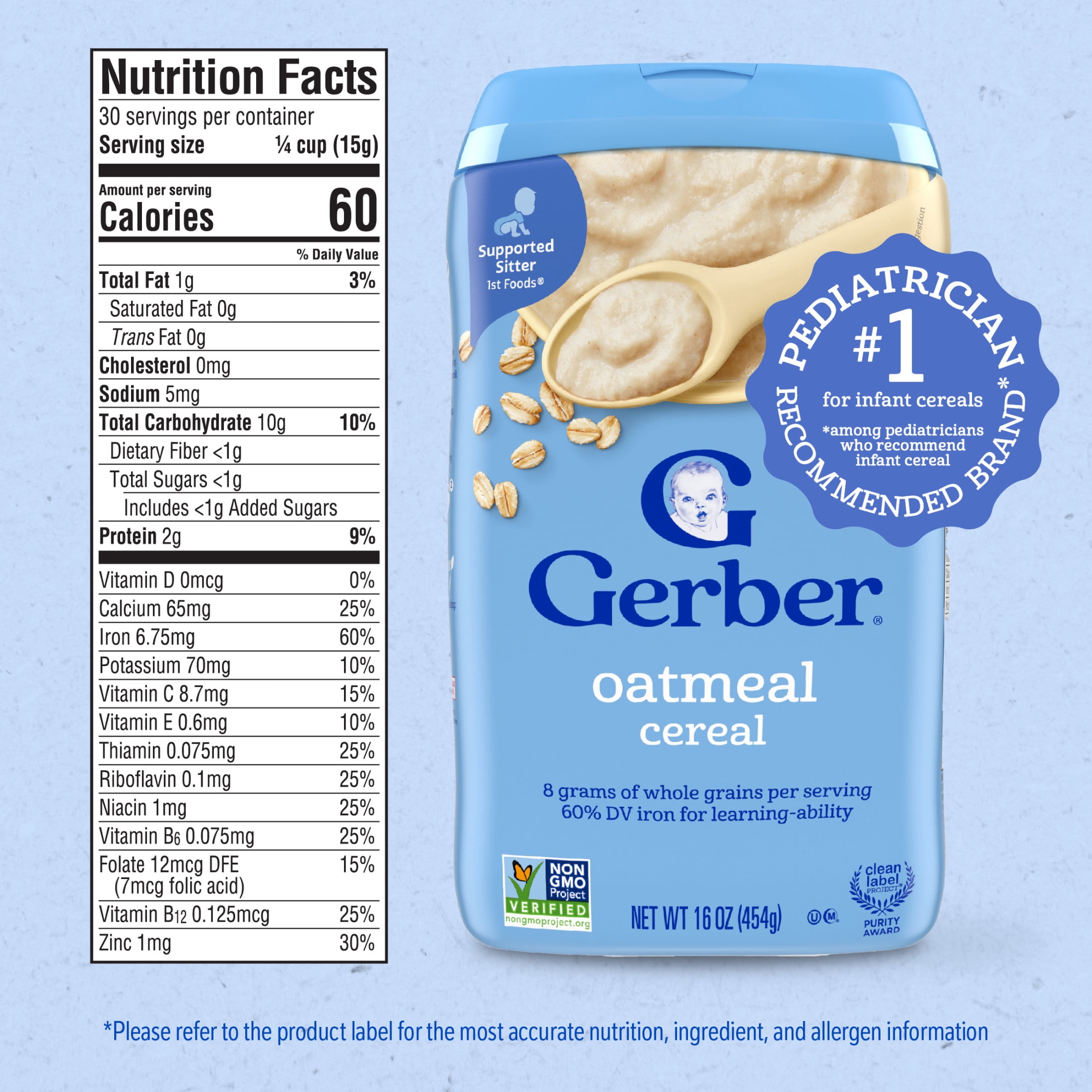 Gerber Stage 1 Baby Food, Baby Oatmeal Cereal, 8g Whole Grains, Infant Cereal 1 lb.