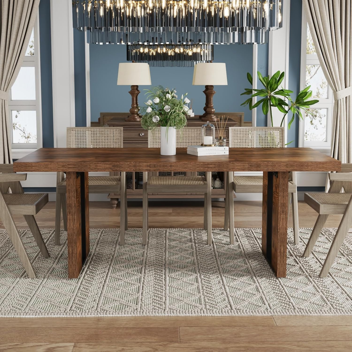 71" Rustic Farmhouse Dining Table for 6-8 People, Rectangular Thick Wood Kitchen Table with Heavy Duty Legs, Large Dinner Table for Dining Room, Kitchen, or Home (Rustic Finish)