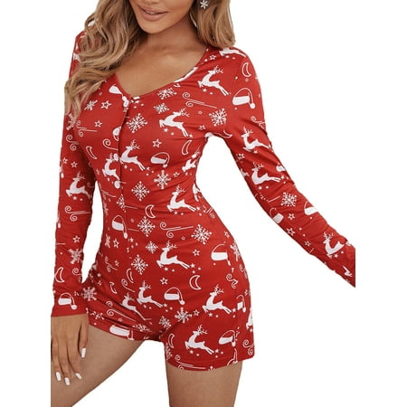 

Womens Christmas Romper Pajamas One Piece Elk Print Stripes Bodycon Jumpsuit Shorts Sexy One Piece Pjs Overall
