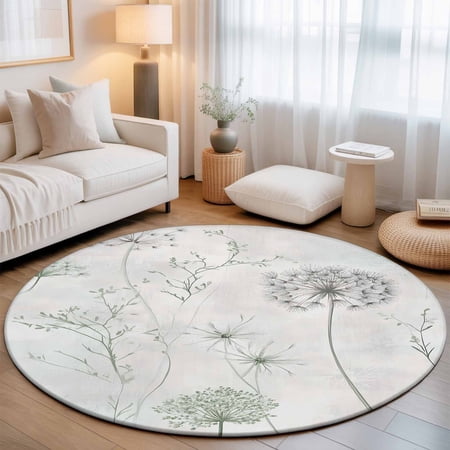 Round Area Rugs 7Ft Dandelion Green Botanical Non-Slip Washable Circle Rugs Carpet Vintage Watercolor Floral Indoor Outdoor Rug Floor Mats Throw Runner for Bedroom Living Room Bathroom