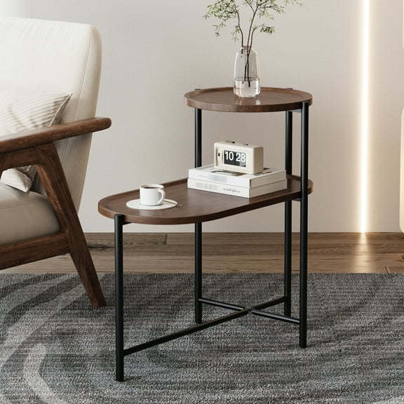 Coffee Table With Walnut Brown Top And 2 Storage Metal Frame Side Wood Shelf For Living Room End Tables