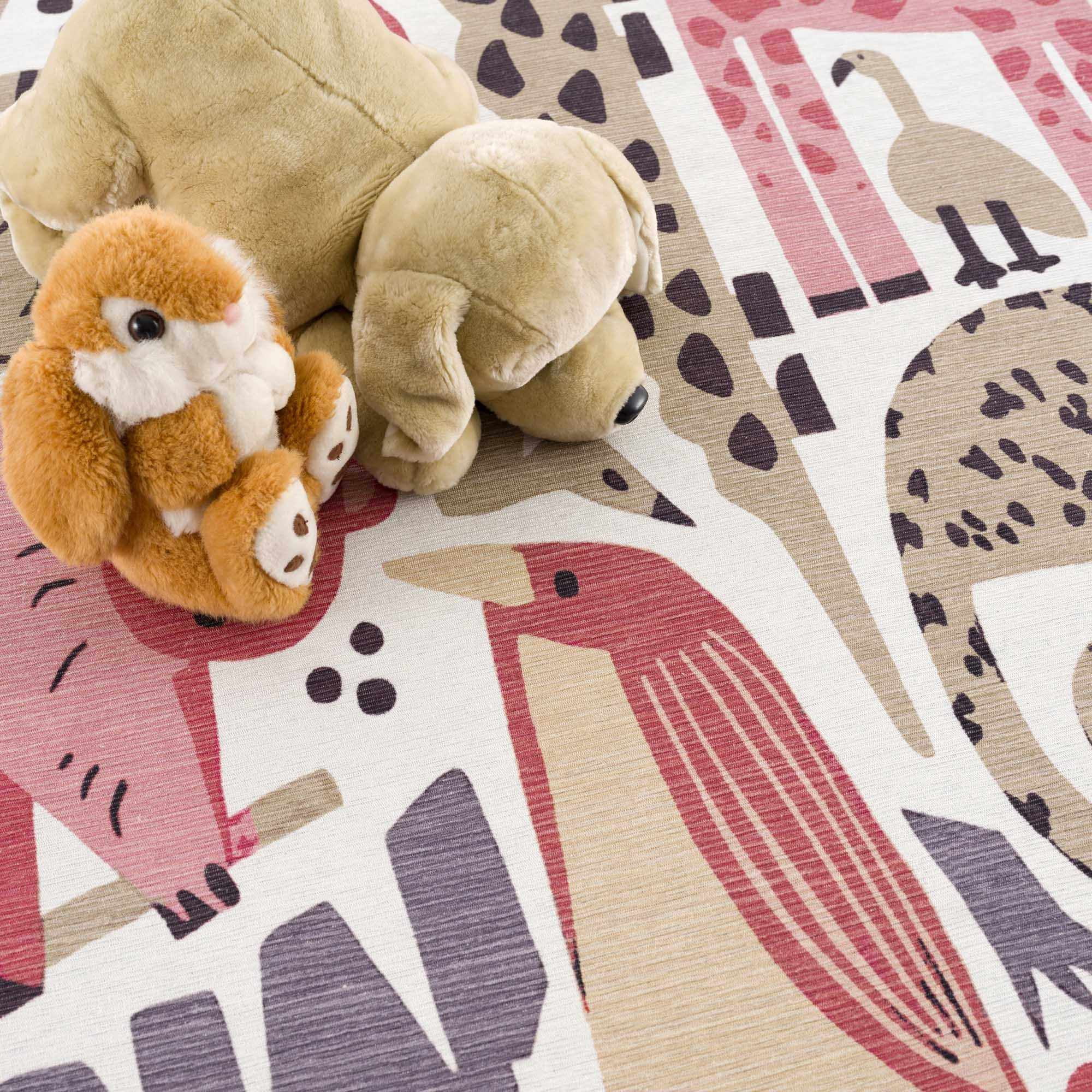 Hauteloom Natal Kids Room, Nursery Machine Washable Area Rug - Animals - Beige, Terracotta - 5'3" x 7'3"