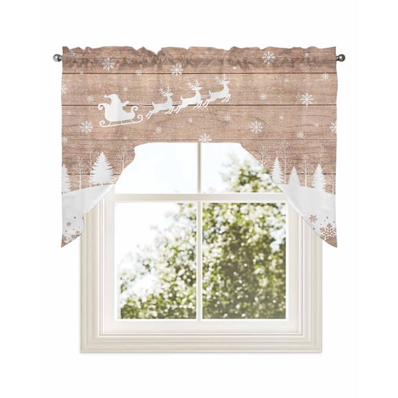 Vintage Christmas Kitchen Curtains Swag Valance for Windows/Bathroom/Cafe, Xmas Elk Tree Snowflake Rod Pocket Drape Panel Swag Curtains Valance for Bedroom/Living Room 56"x36"