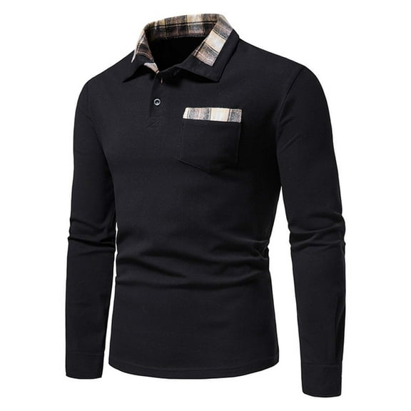 Golf Shirts for Men with Pockets Button Collar Long Sleeve Pullover Business Work T-Shirts Casual Plaid Printed Lapel Comfort Slim Tees Tops