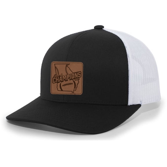 Georgia The State of Champions Baseball Football National Sports Champs Mens Leather Patch Trucker Hat, Black/White