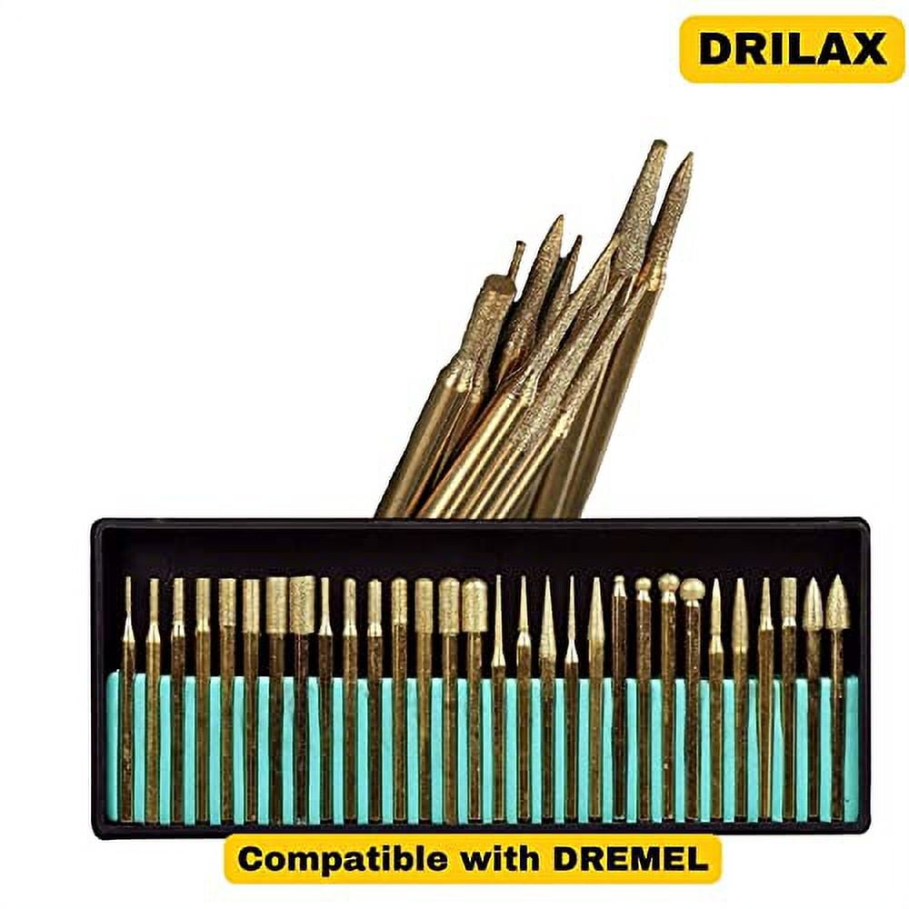 DRILAX Drill Bit Burr Set Diamond Coated Mixed Shapes Compatible with Dremel and Wen 30 Piece 1mm - 2mm - 3mm