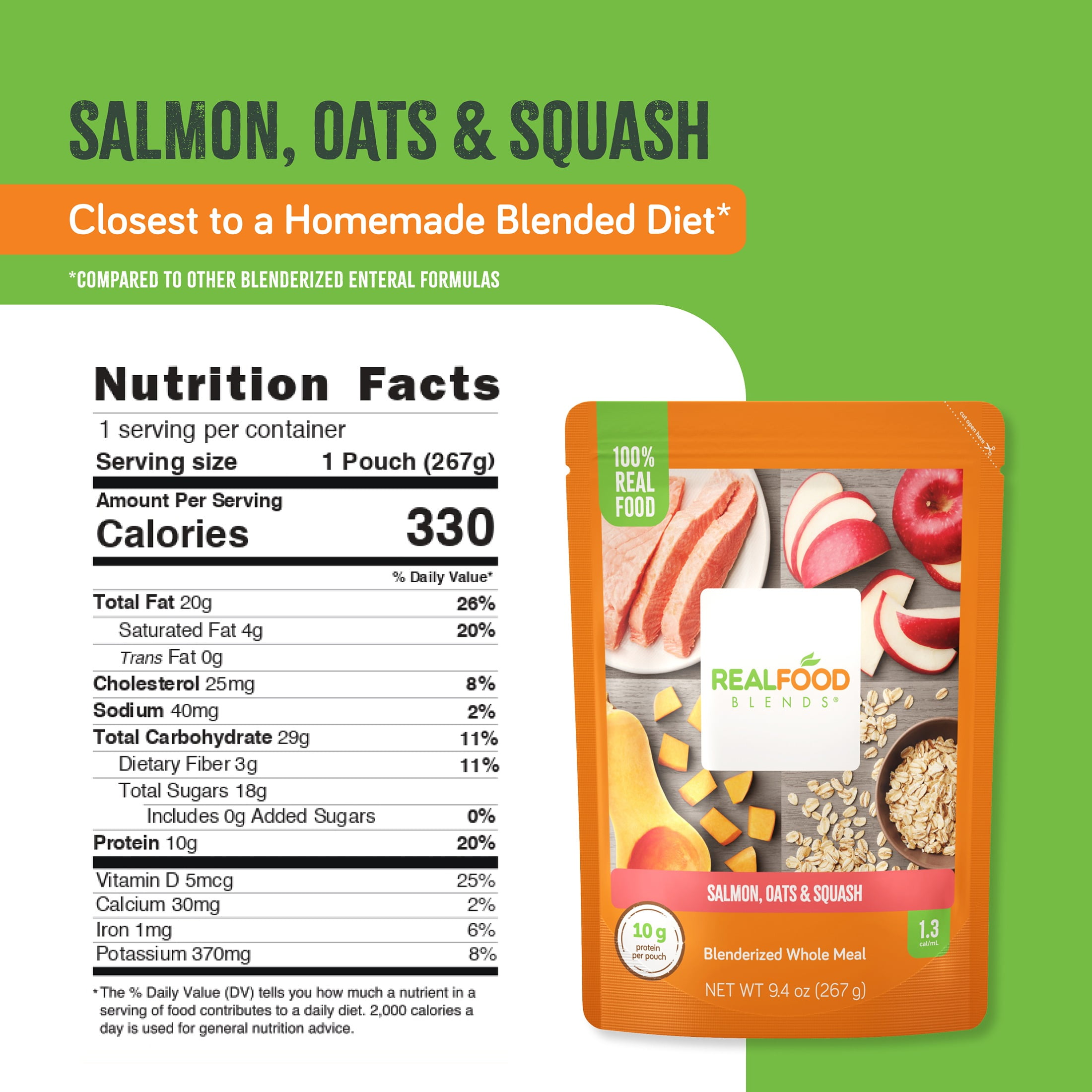 Real Food Blends Salmon, Oats & Squash - Pureed Food Meals for Tube Feeding with Protein, Vegetables & Fruits - 330 Calories for Lunch & Dinner - 9.4 oz (Pack of 12)