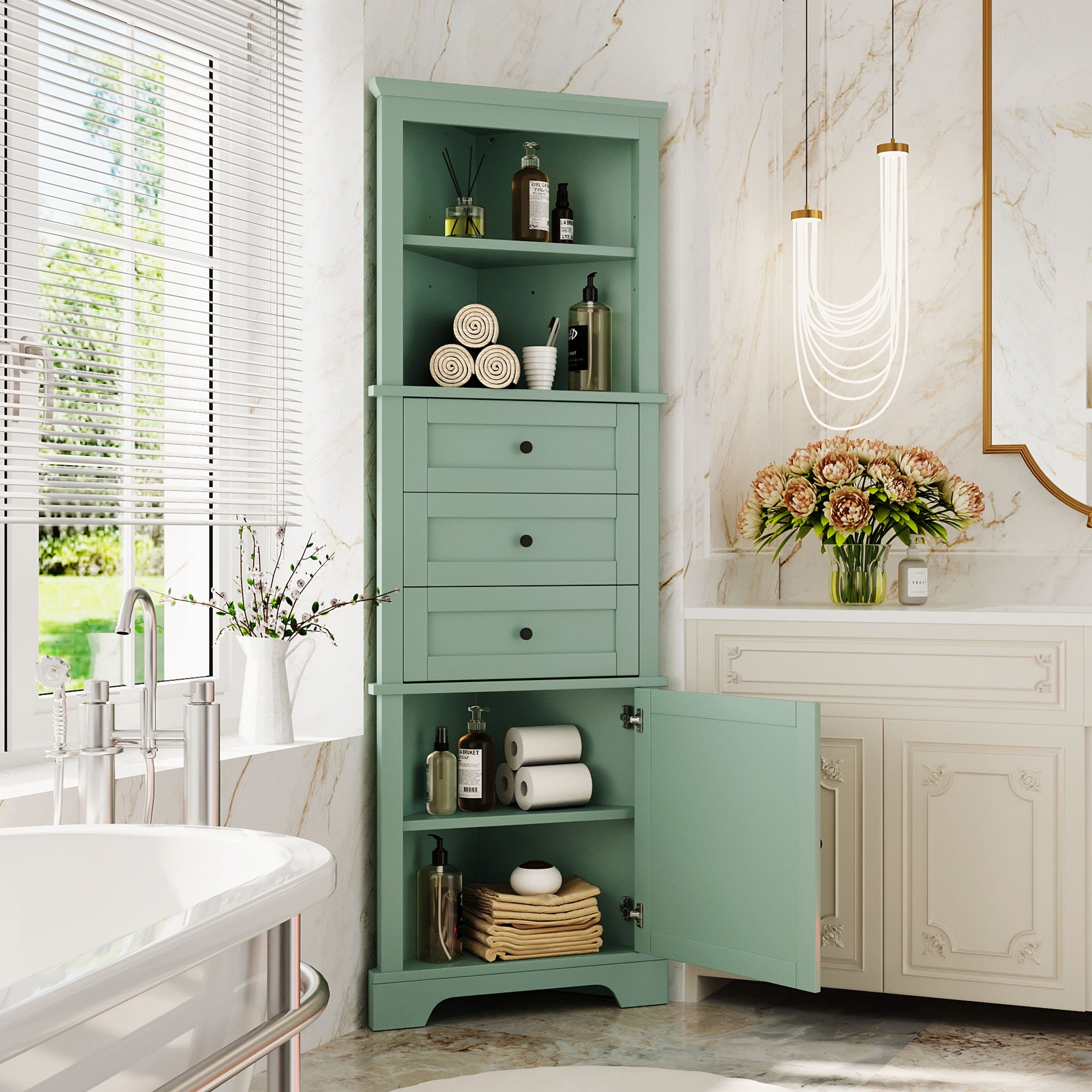 Euroco Durable Corner Cabinet with Adjustable Shelves, Heavy-Duty Metal Handles, and Safety Drawer Stoppers – Stylish, Space-Saving Storage Solution for Bathrooms, Kitchens, and More