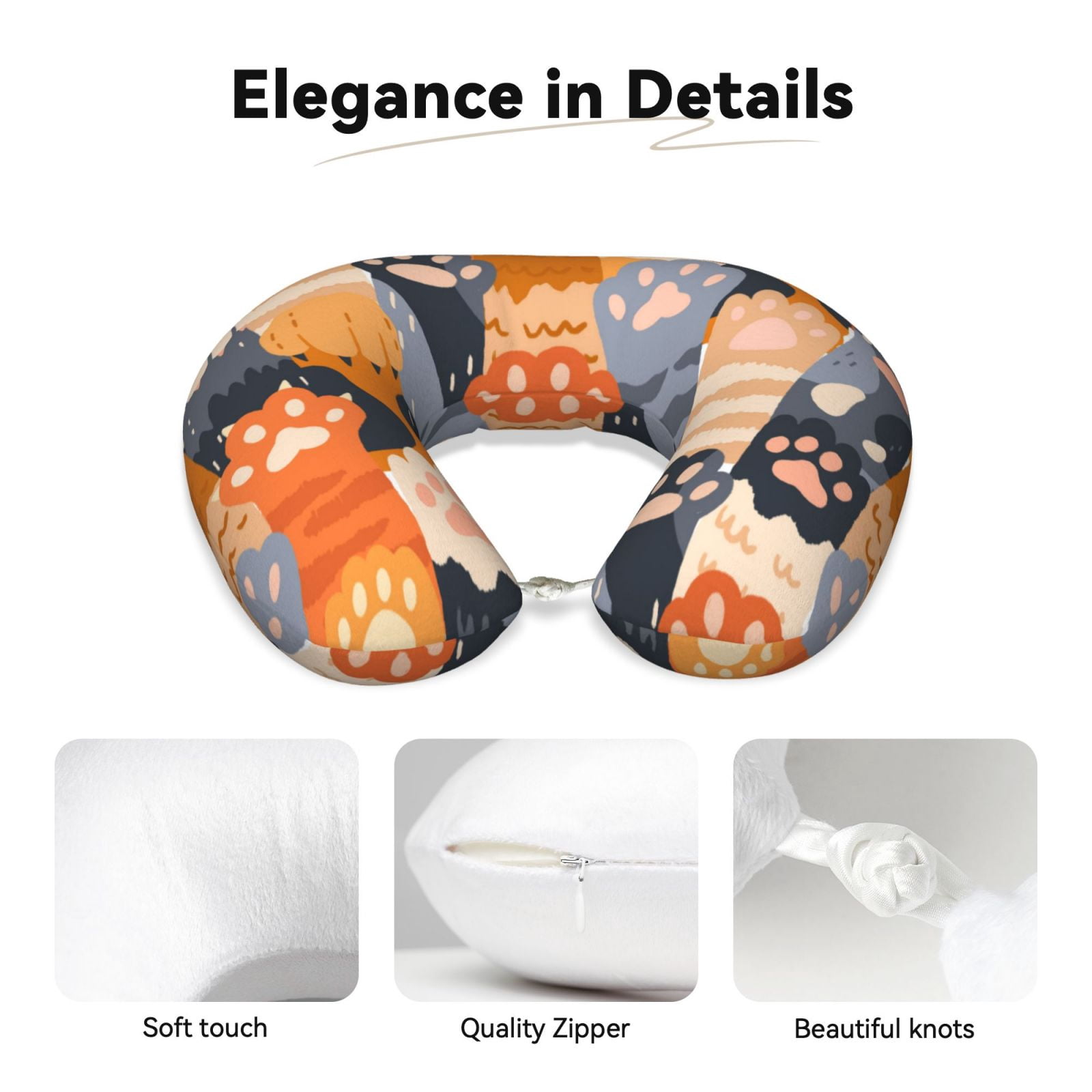 Xecao Cute Cat Paw Print Memory Foam Cervical Neck Pillow Versatile U-Shaped Pillows for Home,Office,Camping,Travelling,Soft Washable Cover