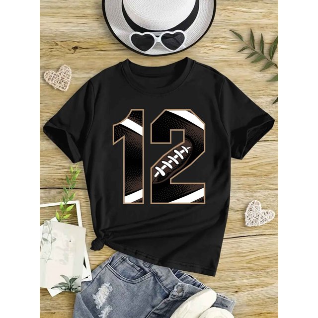 Rugby Girls' T-Shirt - White with Black Football Graphic, Casual Crew Neck, Summer Style, Regular Fit, Casual Wear | Graphic Tee | Cotton Tshirt
