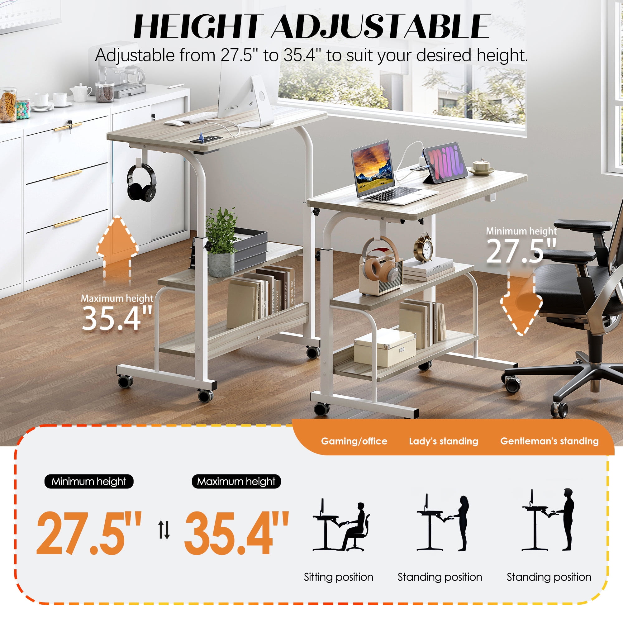 Soges 31.5" Height Adjustable Computer Desk with Charging Station, Adjustable Side Table Movable Laptop Desk with 2 Storage Shelves, Adjustable Desk on Wheels for Home Office, Sofa, Bed, Maple