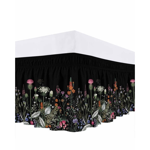 Watercolor Flower Bed Skirt Queen Size 16 Inch Drop, Pink Flowers Black Background Country Adjustable Elastic Dust Ruffles Bedskirt for Queen Bed Wrap Around Pleated Mattress Frame Cover