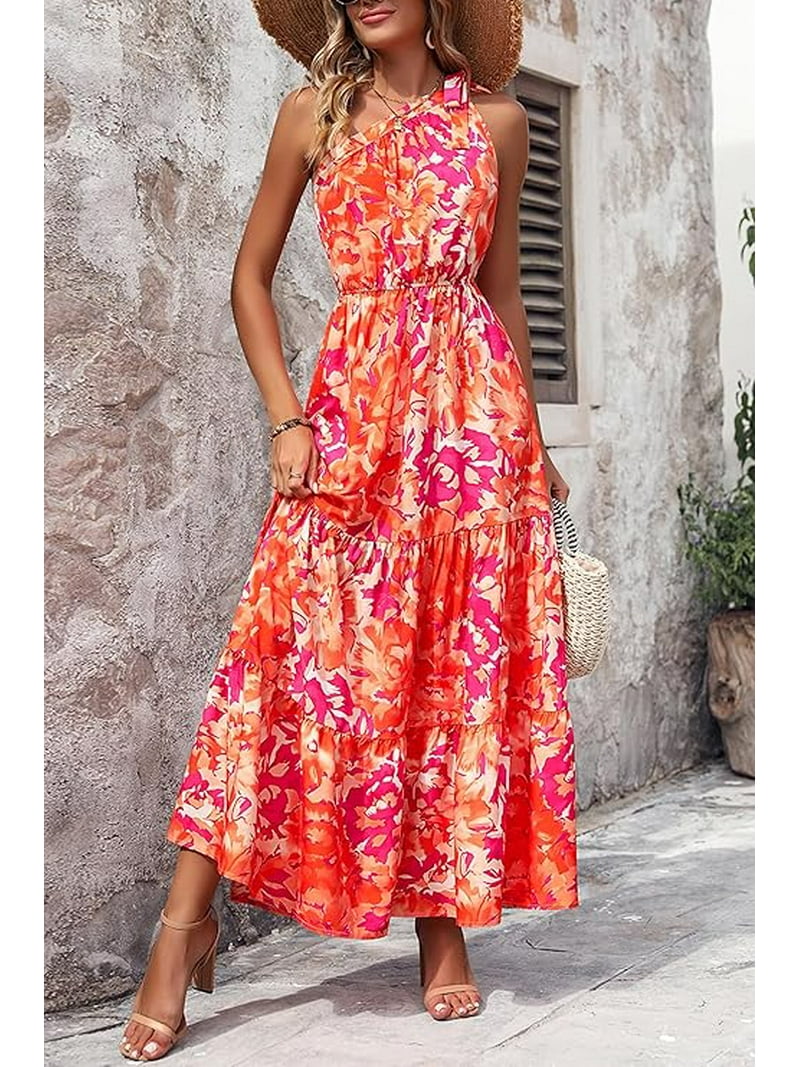 PRETTYGARDEN, Women's Summer Floral Maxi Dress, L, Red