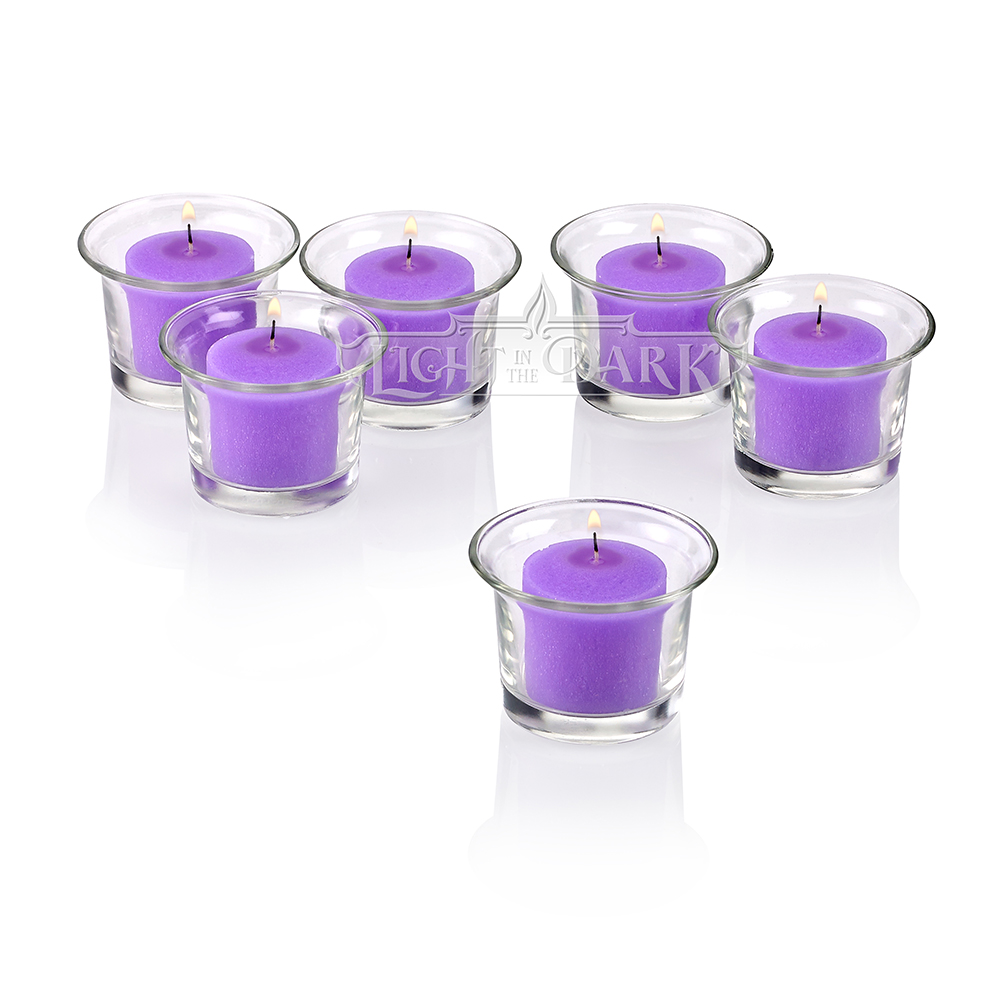Clear Glass Lip Votive Candle Holders With Lavender Votive Candles Burn