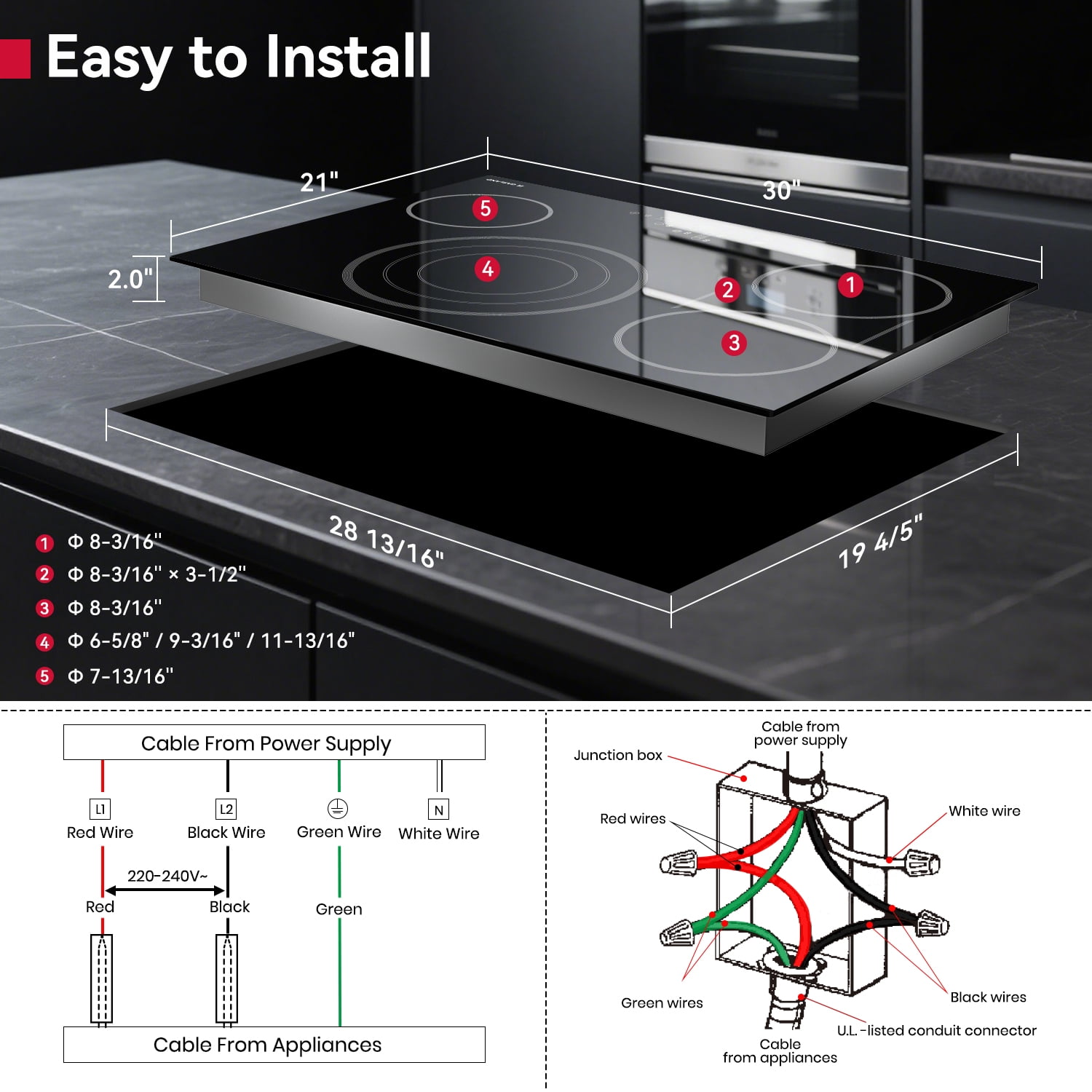 GASLAND 30 in. 4 Elements Radiant Electric Cooktop in Black, ETL & FCC, with Tri-Ring Element and Bridge Element