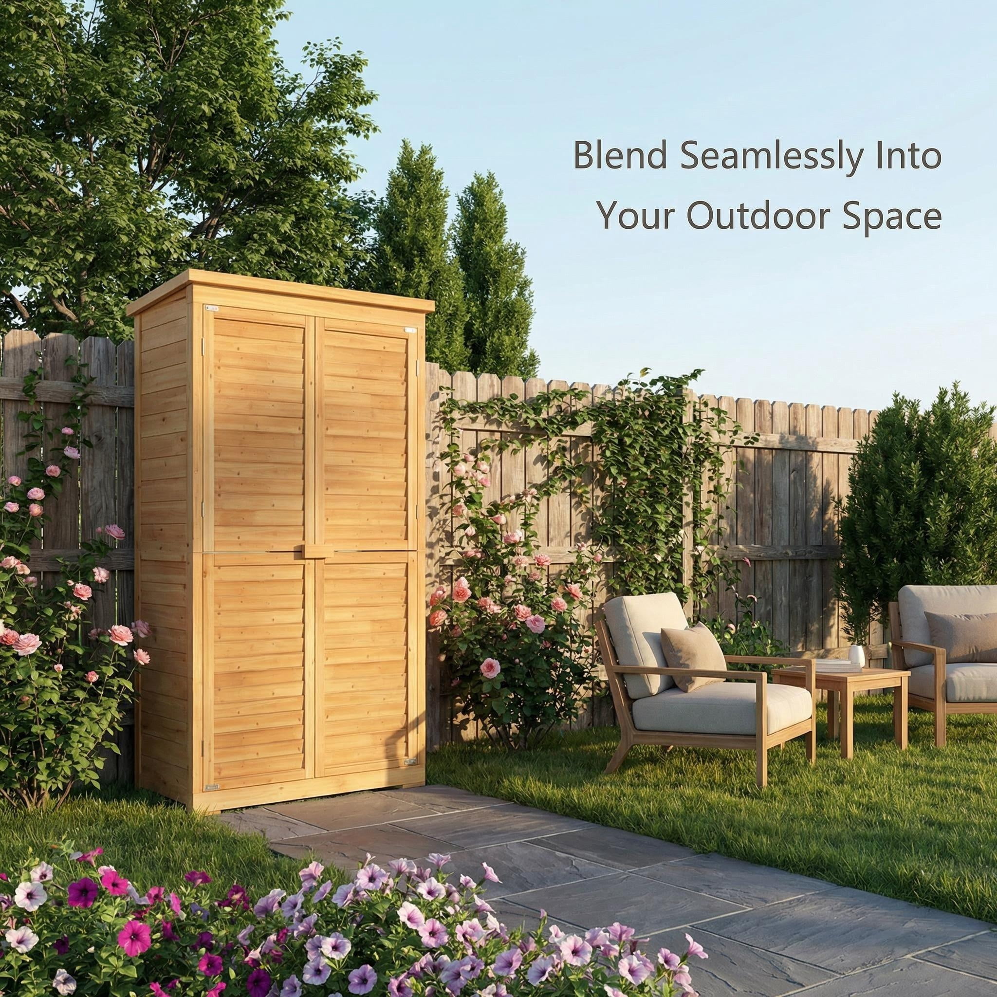 63.2" Outdoor Storage Cabinet, Lofka  Lockable Doors Garden shed with Adjustable Shelves| Asphalt Roof| Ventilate Shutter, Wood Shed with Large Storage Space, Waterproof Roof for Garden, Natural