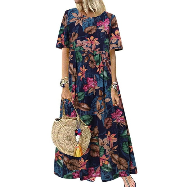 ZANZEA Robe Femme Manches Courtes Imprimé Floral Voyage Longue Robe d'Été