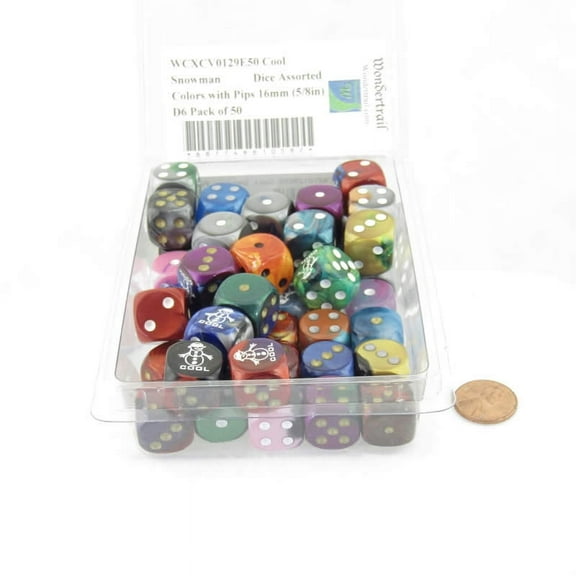 Cool Snowman Dice Assorted Colors with Pips 16mm (5/8in) D6 Pack of 50 Wondertrail