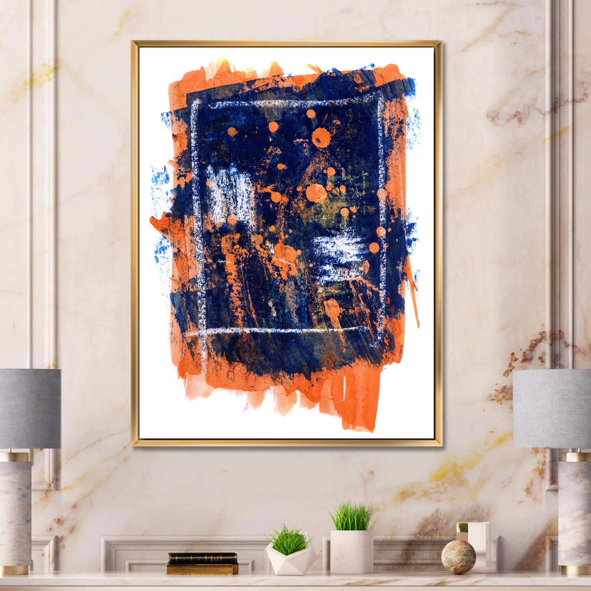 Designart 'Navy Blue and Orange Abstract' Modern Framed Canvas Wall Art Print