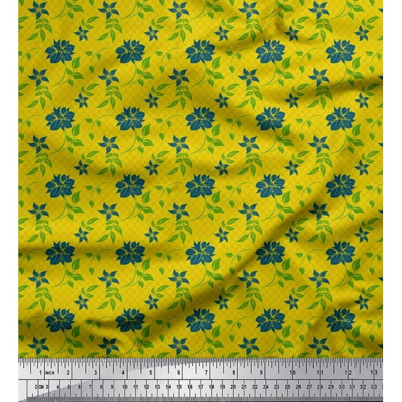 Soimoi Satin Silk Fabric Check,Leaves & Floral Artistic Printed Craft Fabric by the Yard 42 Inch Wide