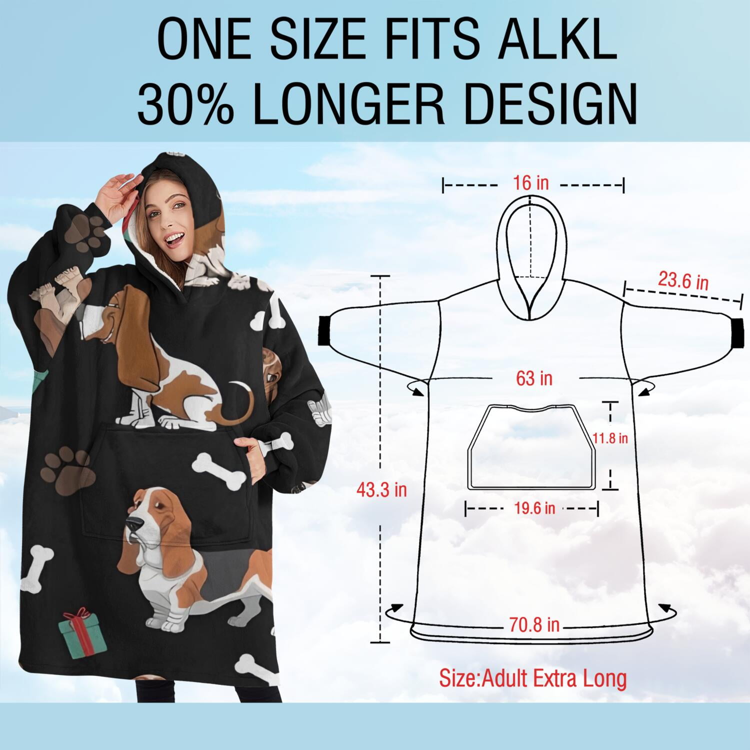 Oversized Wearable Blanket Hoodie,Basset Hounds with Bones and Presents Sherpa Blanket Hoodie with Super Pockets,Super Warm Fuzzy Pullover for Women & Men