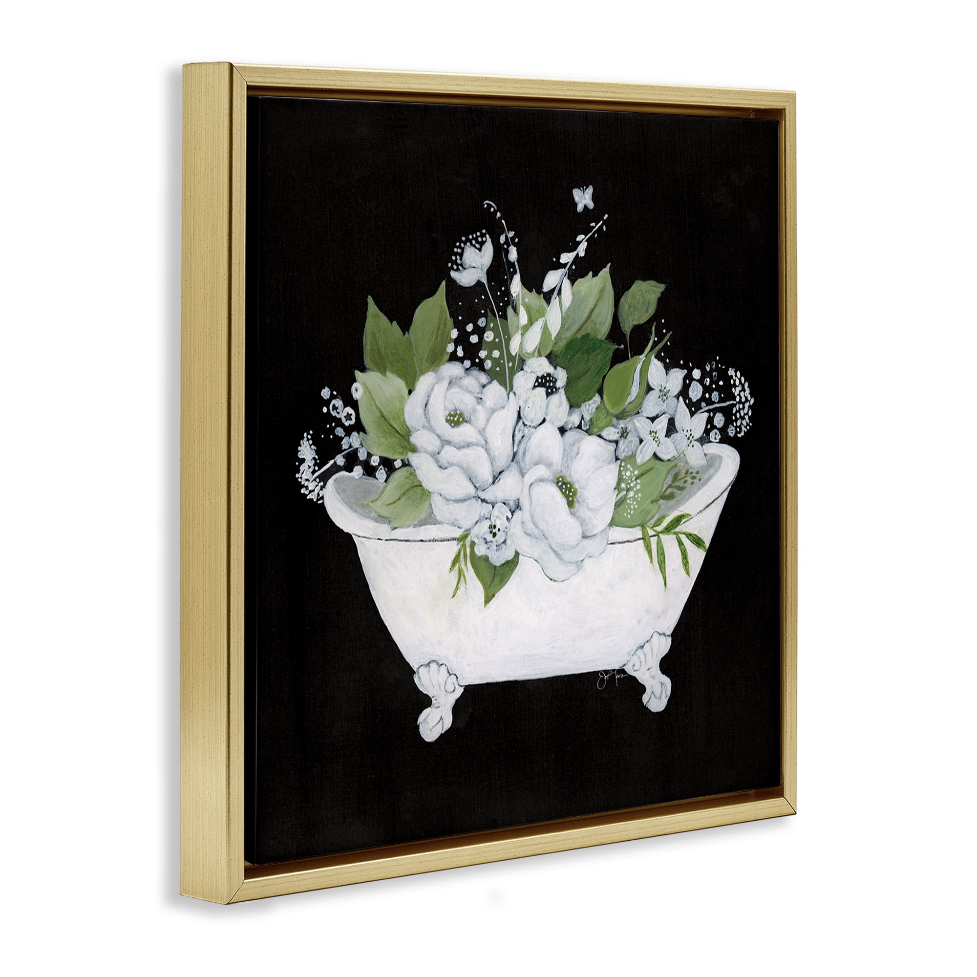 Stupell Industries Charming Floral Bathtub Typography Painting Gold Floater Framed Canvas Art Print Wall Art, 18 x 18