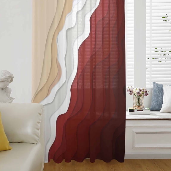 Red Coastal Beach Semi Sheer Curtains Drapes for Living Room,Bedroom,French Doors Window 72 Inches Long,Farmhouse Abstract Ocean Waves Striped Rod Pocket Chiffon Curtain Drapery Voile Drape Panel