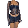 thumbnail image 2 of BLTIBY Womens 2 PC Set Summer Solid Color Beaded Knitted Hollow Out Bra with Long Sleeve Skirt Fashion Outfits Dark Blue M, 2 of 6