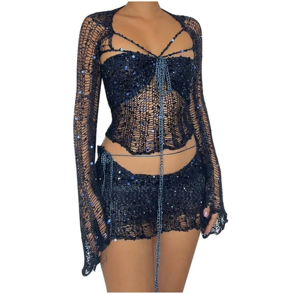 yievot Women Sequin Skirt And Top Set Y2k Lace Up Halter Mesh Long Sleeve Crop Top Short Crochet Skirt 2 Piece Outfits