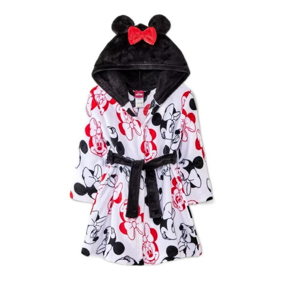 Minnie Mouse Toddler Girl's White Character Print Hooded Minky Fleece Bathrobe, Size 4T/5T
