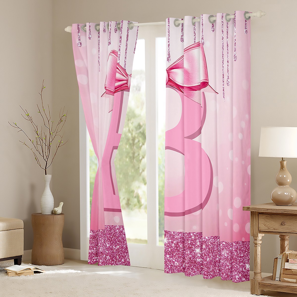 jejeloiu Initial Letter B Curtains Pack of 2 (42x84 Each),Kawaii Bowknot Curtains Blackout,Pink Sequin Print Bedroom Curtains For Girls,Breathable Bedroom Decoration