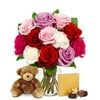 From You Flowers - One Dozen Sweetheart Roses with Teddy Bear & Chocolates with Glass Vase (Fresh Flowers) Birthday, Anniversary, Get Well, Sympathy, Congratulations, Thank You