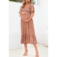 thumbnail image 3 of Floral Shirred Short Sleeve Dress Below for Women Knee Length Orange X-Large, 3 of 4