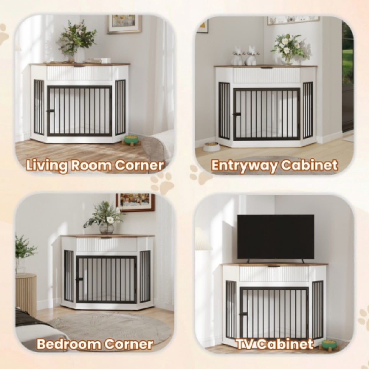 Corner Dog Crate Furniture for Small & Medium Dogs, MDF Kennel End Table with Fluted Drawer Storage, Space-Saving Indoor Dog Cage Cabinet, White